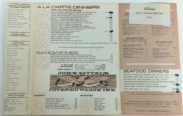 John Zittels Covered Wagon Inn - Menu